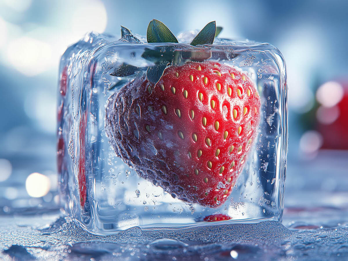 >Eiswürfel mit eingefrorener Erdbeere.